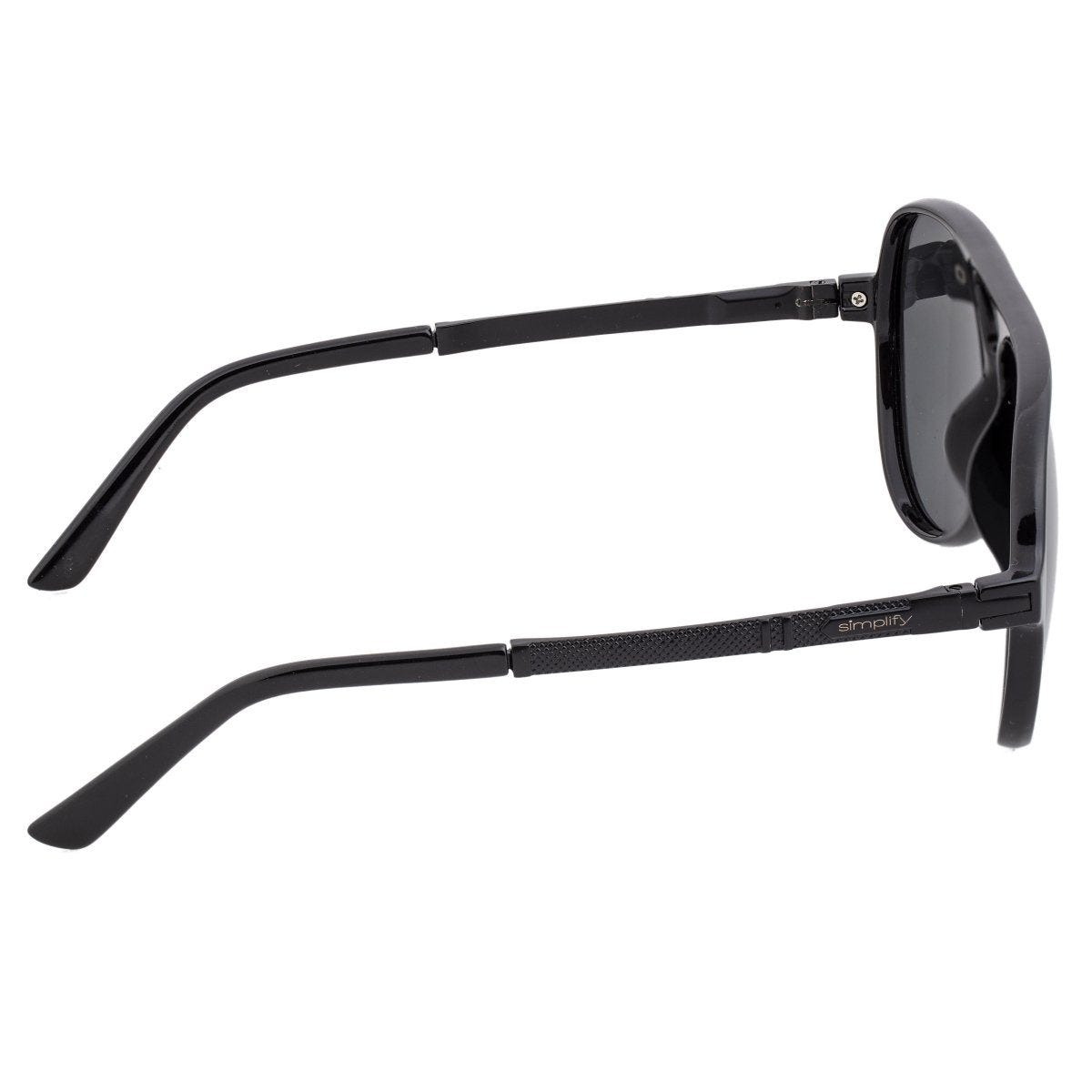 A pair of Simplify polarized sunglasses with black round frames and slim arms, featuring textured detailing near the temples.