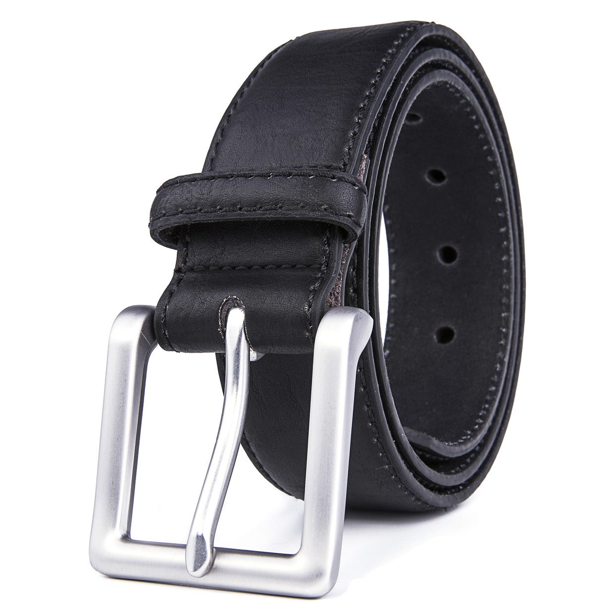 A rolled-up black leather belt with a silver metal buckle.