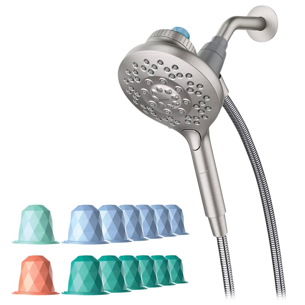 A showerhead with a detachable handheld component is displayed alongside several colorful pods, likely meant for enhancing the shower experience.