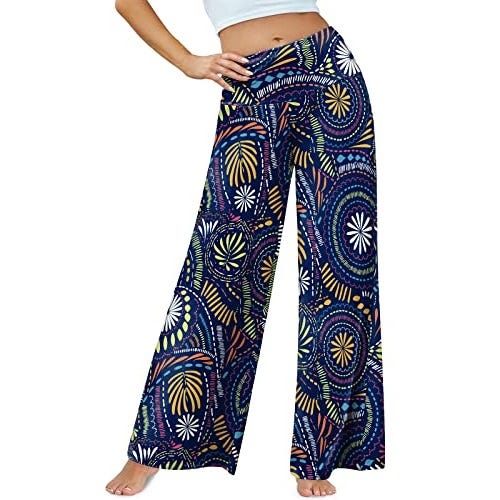 A pair of wide-leg, patterned pants with an elastic waistband.