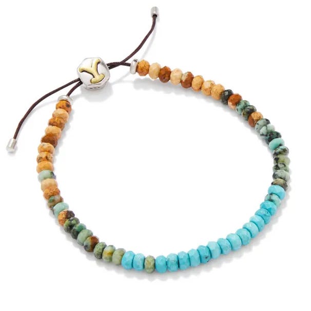 A beaded bracelet featuring turquoise and brown stones, with an adjustable cord and a decorative metal bead accent.