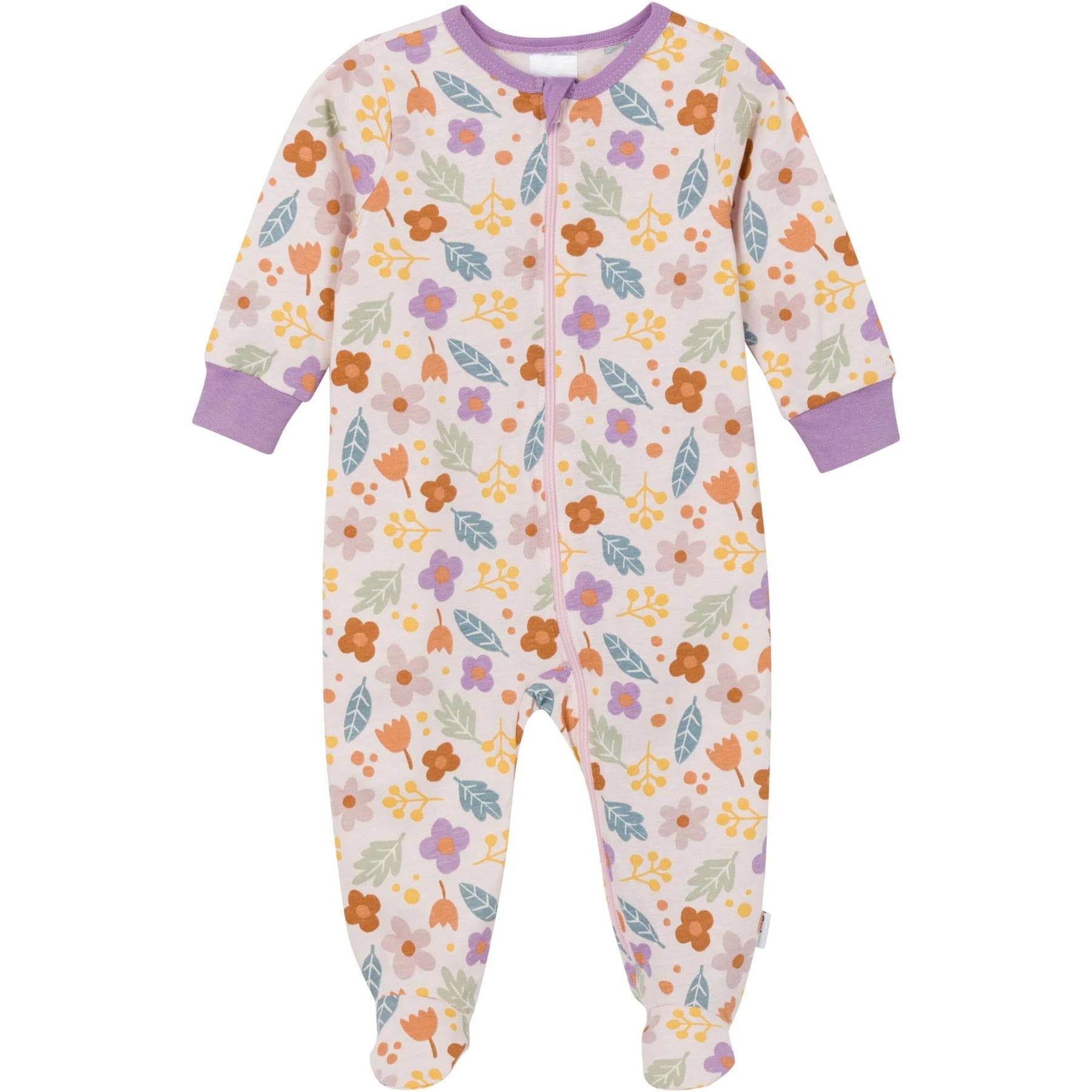 Gerber Sleep N' Play Pajamas feature a floral pattern with purple, orange, and yellow flowers, and green leaves on a white background. They have long sleeves, footed bottoms, and a front zipper with purple trim on the cuffs and collar.