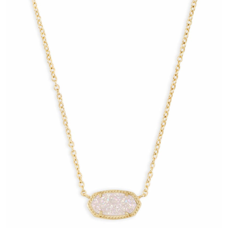 A gold chain necklace with a textured, oval-shaped druzy stone pendant. The pendant is bordered with a subtle metallic rim, and the chain features small, closely linked loops.