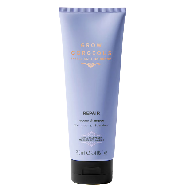 Grow Gorgeous Repair Rescue Shampoo is designed to restore and strengthen hair, offering suppleness and revitalization. The bottle contains 250 ml (8.4 US fl oz).