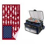 A red and blue beach towel with a fish silhouette pattern and the American flag, and a portable cooler filled with assorted beverages.