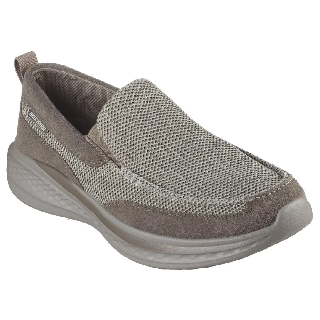 Skechers Men's Slip-On Shoes feature a gray mesh upper with suede accents, a rounded toe, and a cushioned, textured sole for comfort.