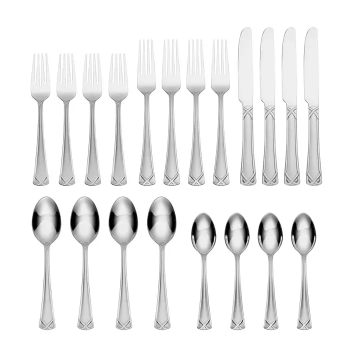A set of stainless steel flatware including forks, knives, and spoons.