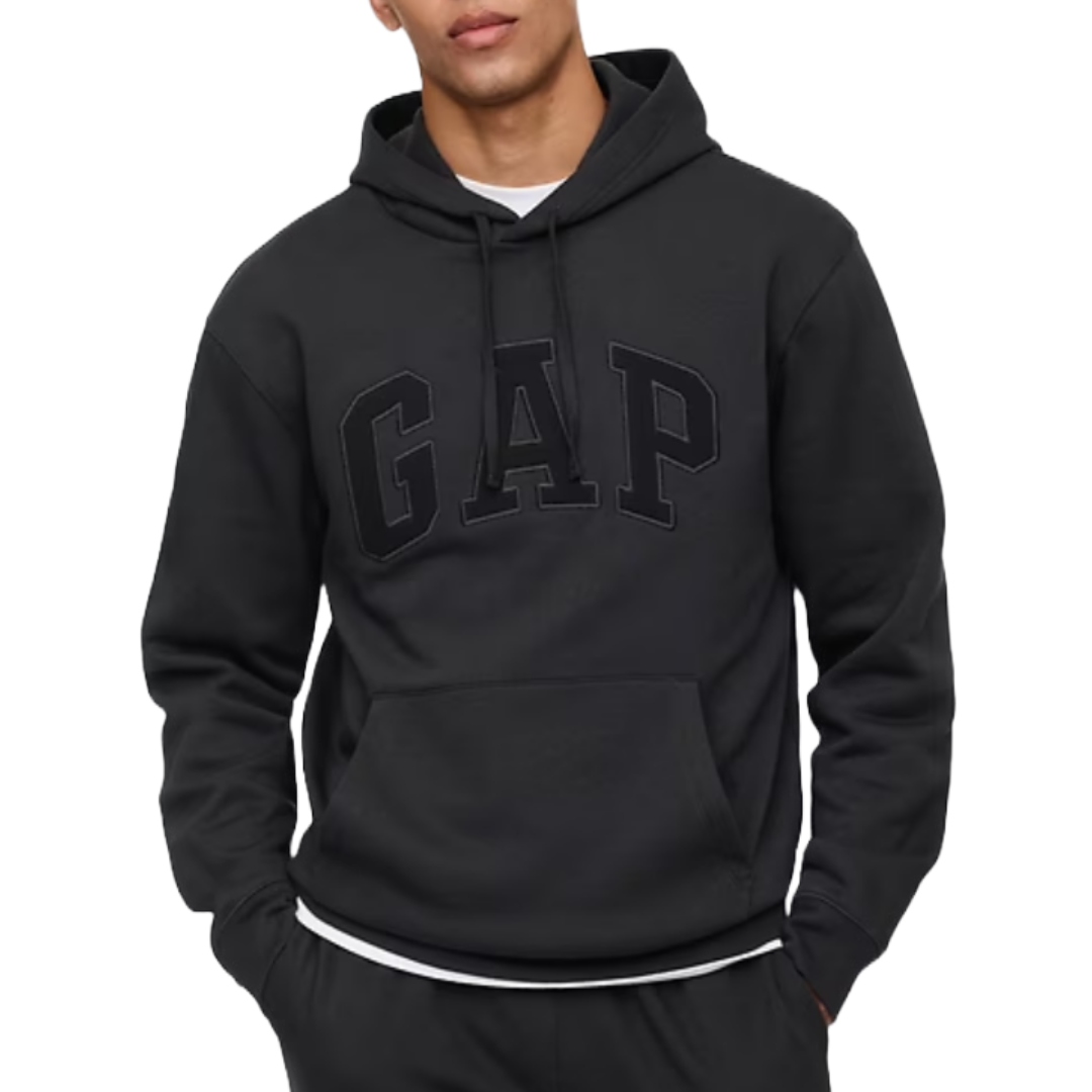 A black hoodie featuring the GAP logo on the front, with a drawstring hood and a front kangaroo pocket.