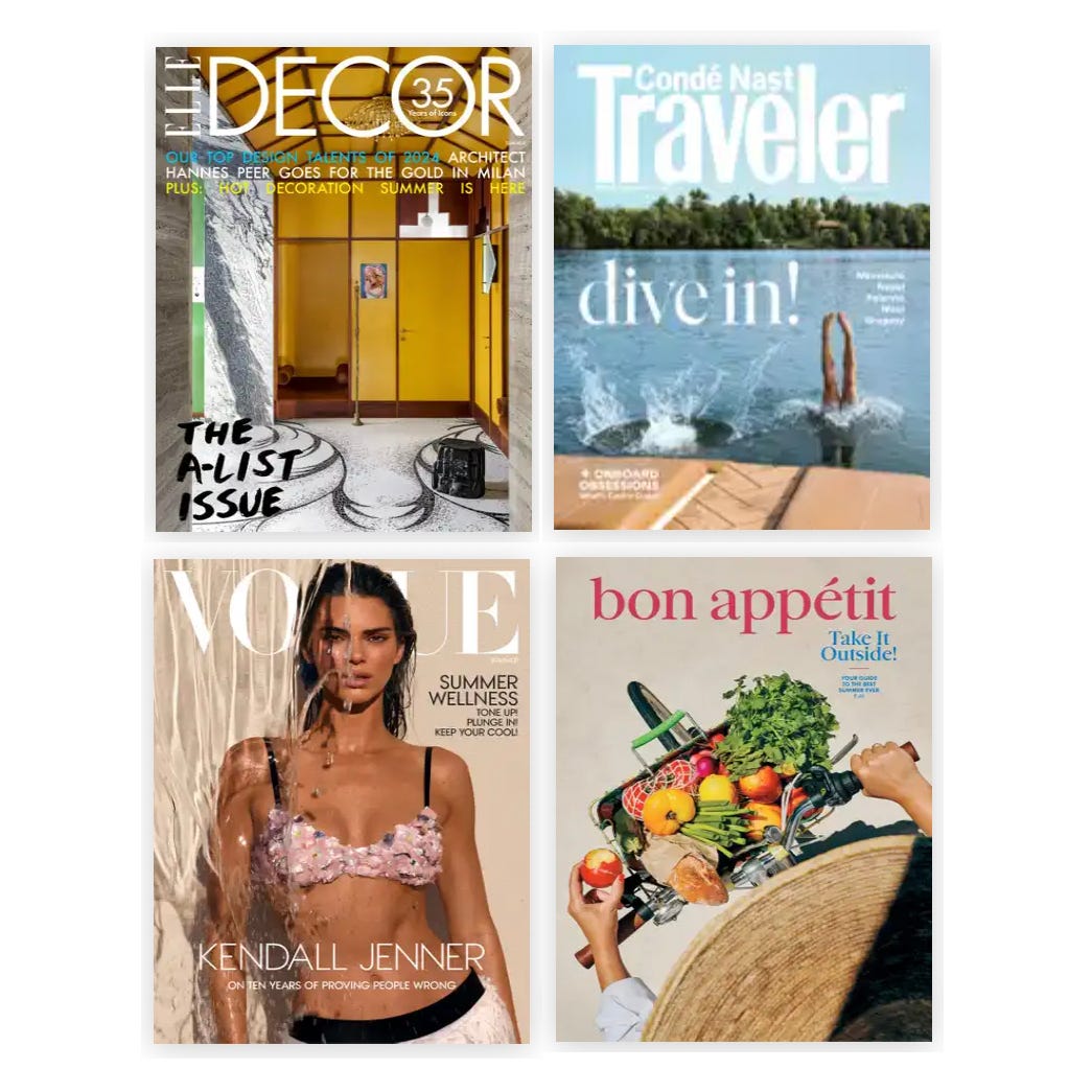 Four magazine covers featuring home decor, travel, fashion, and food themes.