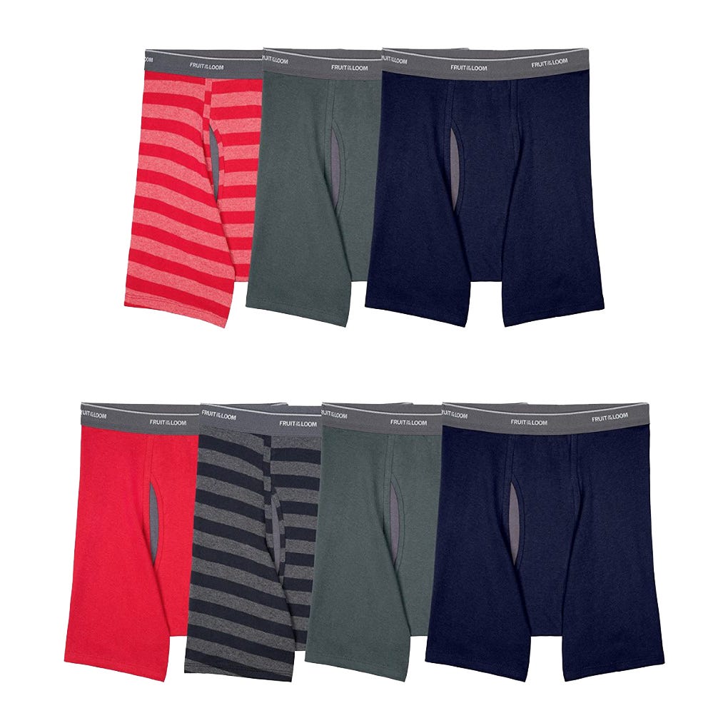 Assorted Fruit of the Loom boxer briefs in stripes and solid colors.