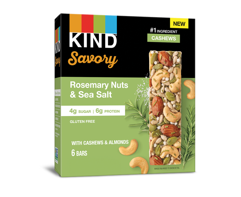 A box of KIND Savory Rosemary Nuts & Sea Salt bars, featuring cashews and almonds, gluten-free, with 6 bars inside.