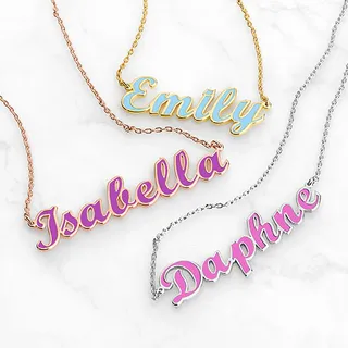 Three personalized name necklaces in gold, rose gold, and silver colors with different names on each.