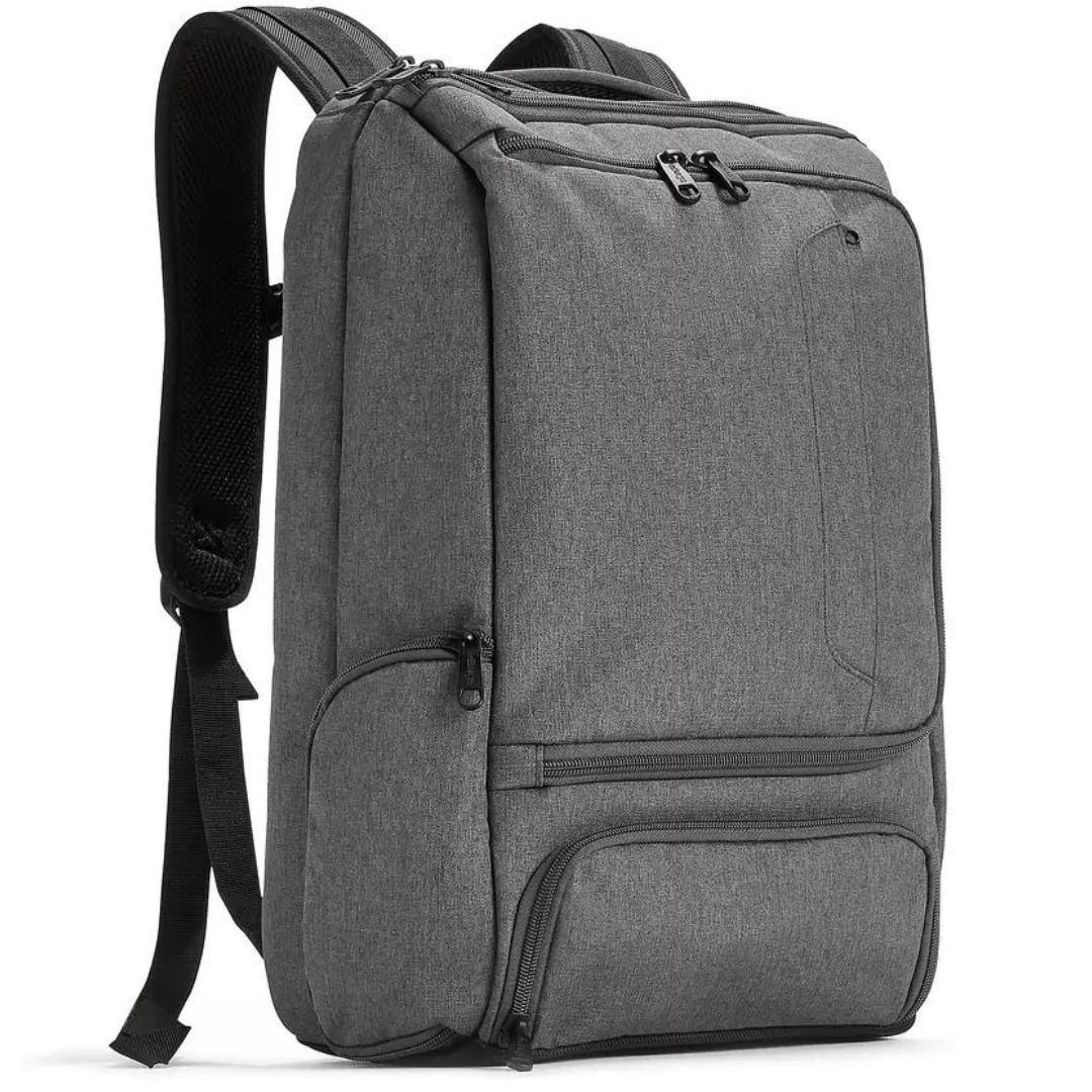Gray backpack with multiple compartments and black zippers.