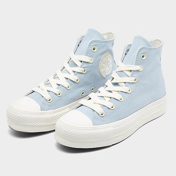 A pair of light blue high-top canvas sneakers with white laces, toe cap, and sole.