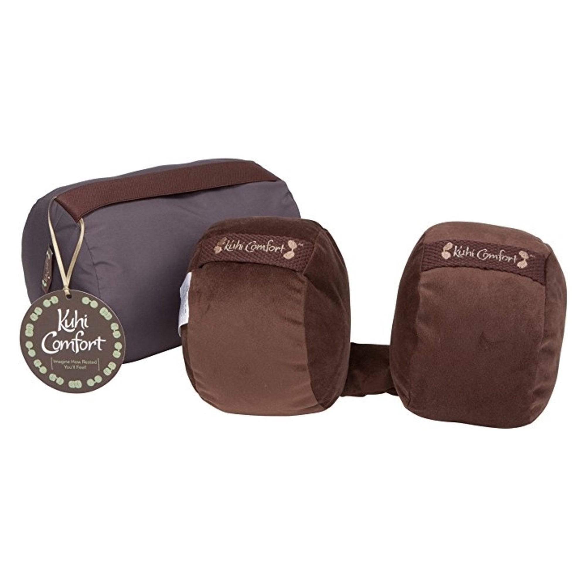 Three cushioned neck support pillows in brown and grey, one with a tag labeled \“Kuhi Comfort.\“