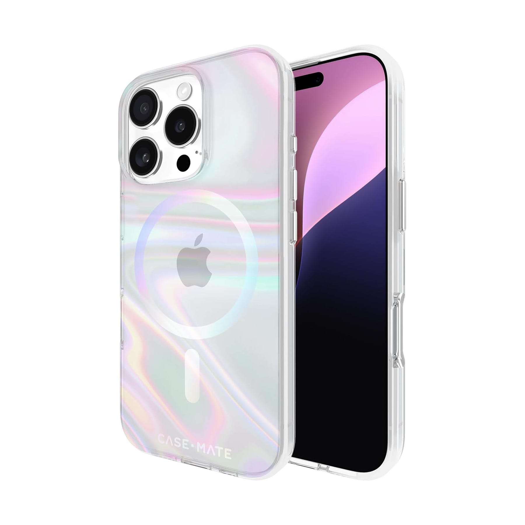 The Case-Mate iPhone 16 Pro case features a pearlescent, iridescent design with MagSafe compatibility. It is clear, showcasing the Apple logo, and provides protection for the camera and edges.
