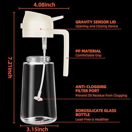 This is a 2-in-1 oil dispenser with a gravity sensor lid, made from PP material for the top and borosilicate glass for the bottom, and includes an anti-clogging filter port. Dimensions are 7.21 x 4.08 x 3.15 inches.
