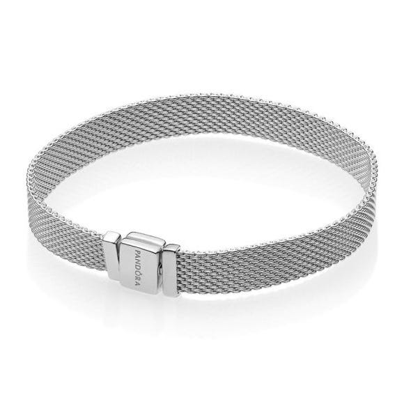 A silver mesh bracelet with a clasp engraved with \“Pandora\“.