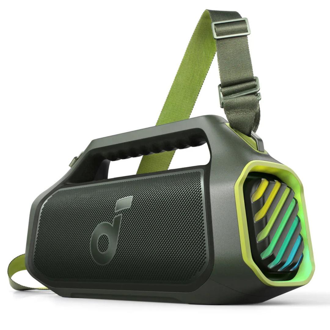 A portable Soundcore Bluetooth speaker with a rugged design, featuring a carry handle, adjustable strap, and side grille with colorful LED accents.