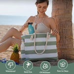 A striped beach tote with rope handles, boasting features like waterproof, sand-free, oil resistance, and easy to clean.