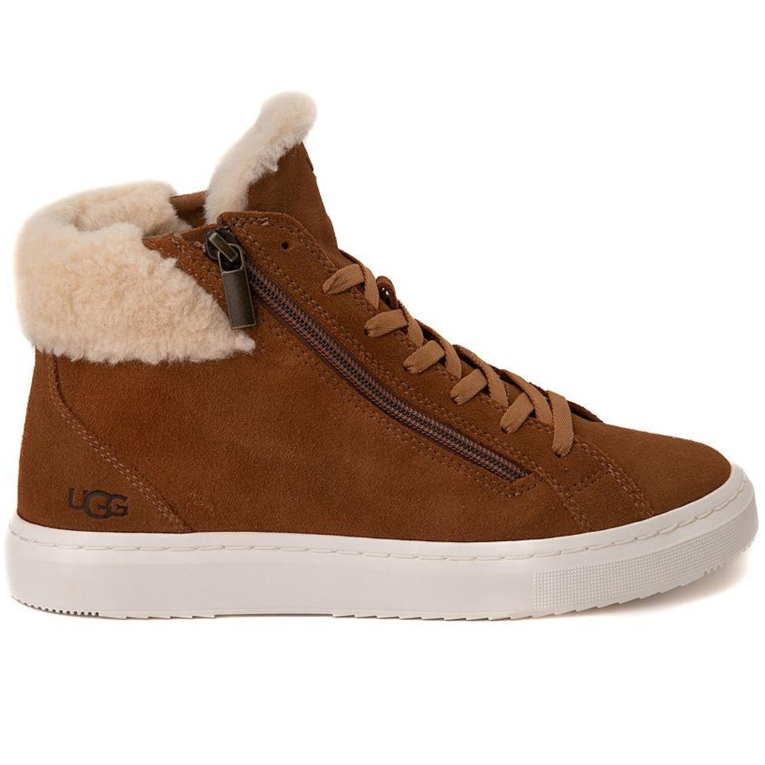 A brown UGG sneaker with a white sole and sheepskin lining around the ankle.