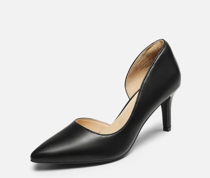Black leather high-heeled shoe with a pointed toe and a slim heel.