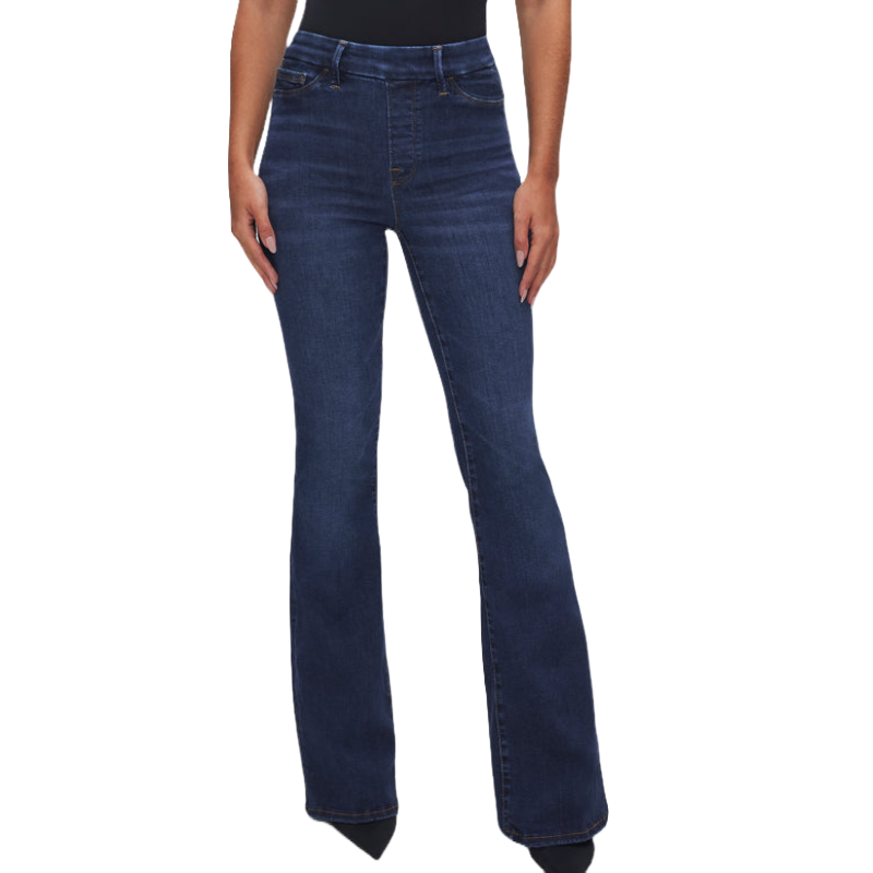 Dark wash jeans with a high waist, pull-on design, and flared legs.
