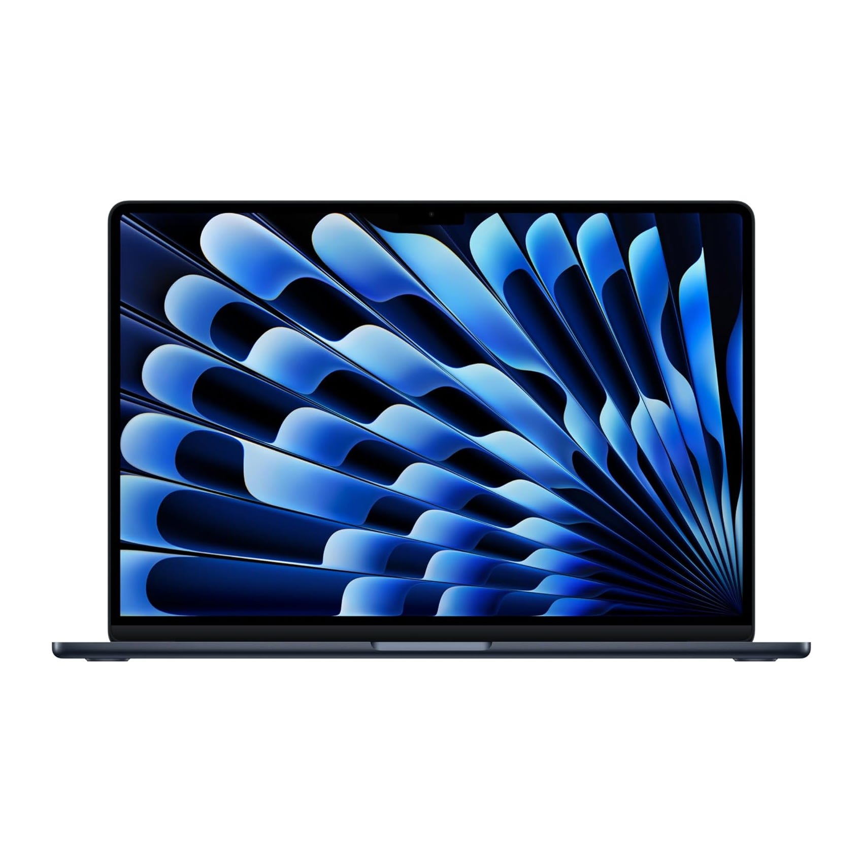 A laptop with a blue and black abstract pattern on the screen.
