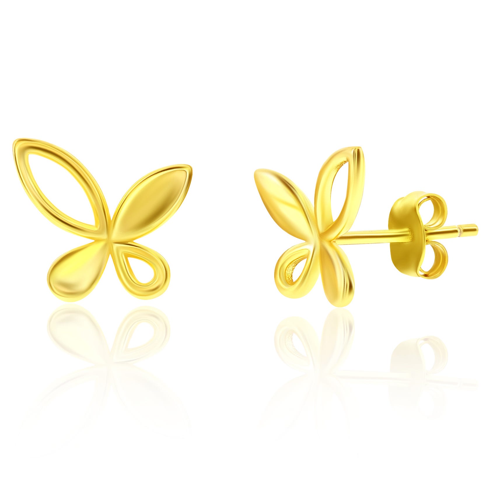 Butterfly-shaped gold stud earrings with a glossy finish, featuring open and closed petal-like loops.