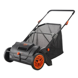 A black and orange manual push lawn sweeper with a mesh grass collector and sturdy wheels.
