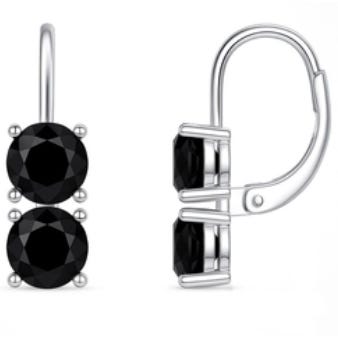 A pair of silver-tone leverback earrings featuring two stacked round black stones.