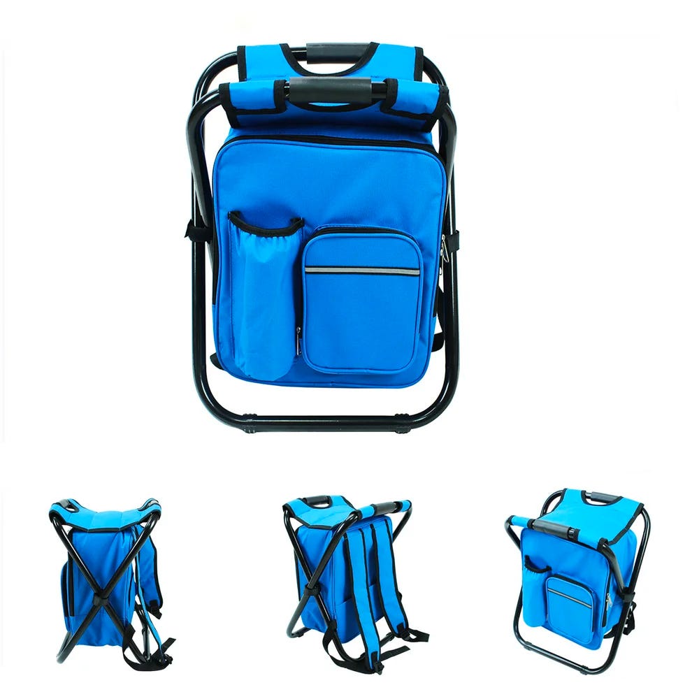 A blue trolley bag that converts into a chair, shown from different angles and in various stages of transformation.
