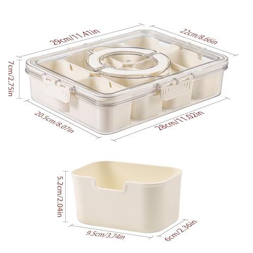 Clear plastic snack box with multiple compartments and a central dip container, dimensions 27cm x 22cm x 7cm for the box, and 9.5cm x 6.5cm x 5.2cm for the individual compartments.