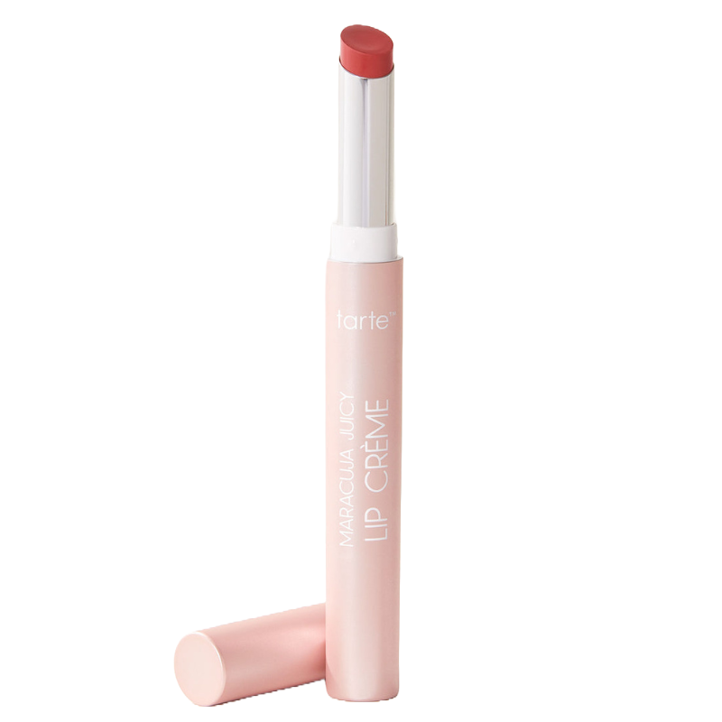 Tarte Maracuja Juicy Lip Crème in a sleek, light pink tube with a retractable rosy lip color.
