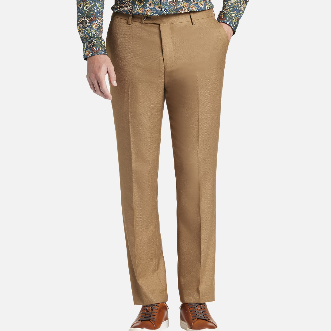 A pair of plain-front tan dress pants and brown leather dress shoes.