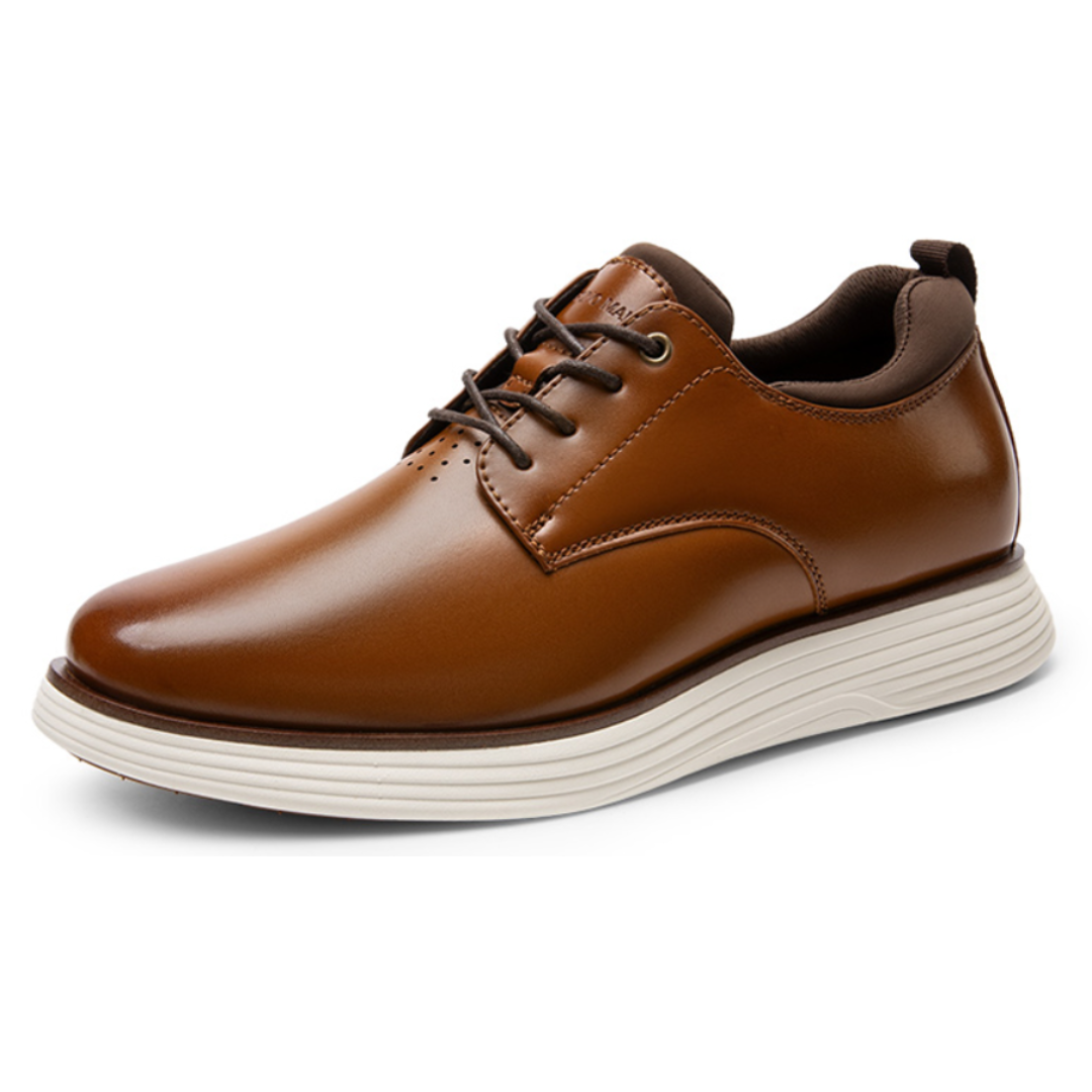 Bruno Marc Hybrid Oxfords are brown dress shoes featuring a sleek leather upper and white cushioned sole for a formal yet comfortable look, with dark laces and a low-cut design.