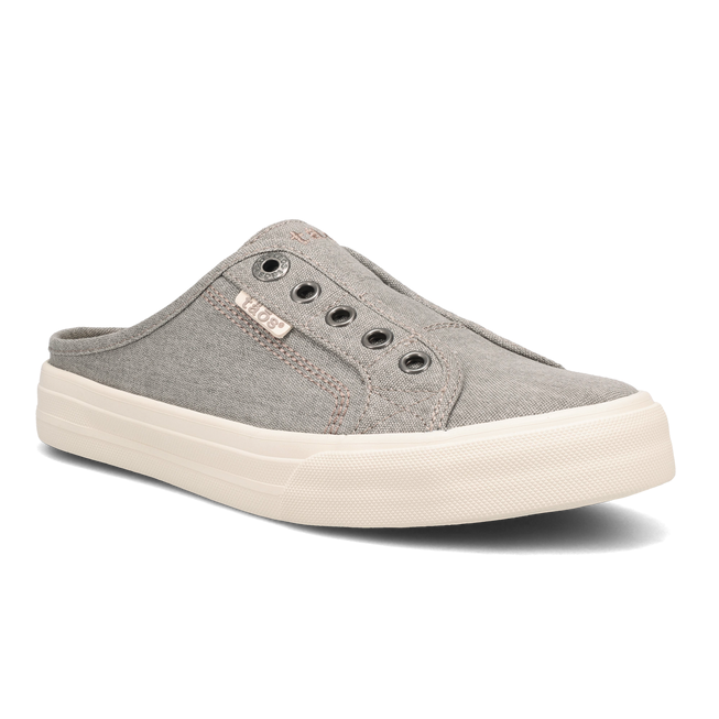 A single grey slip-on sneaker with a white sole and no visible laces.