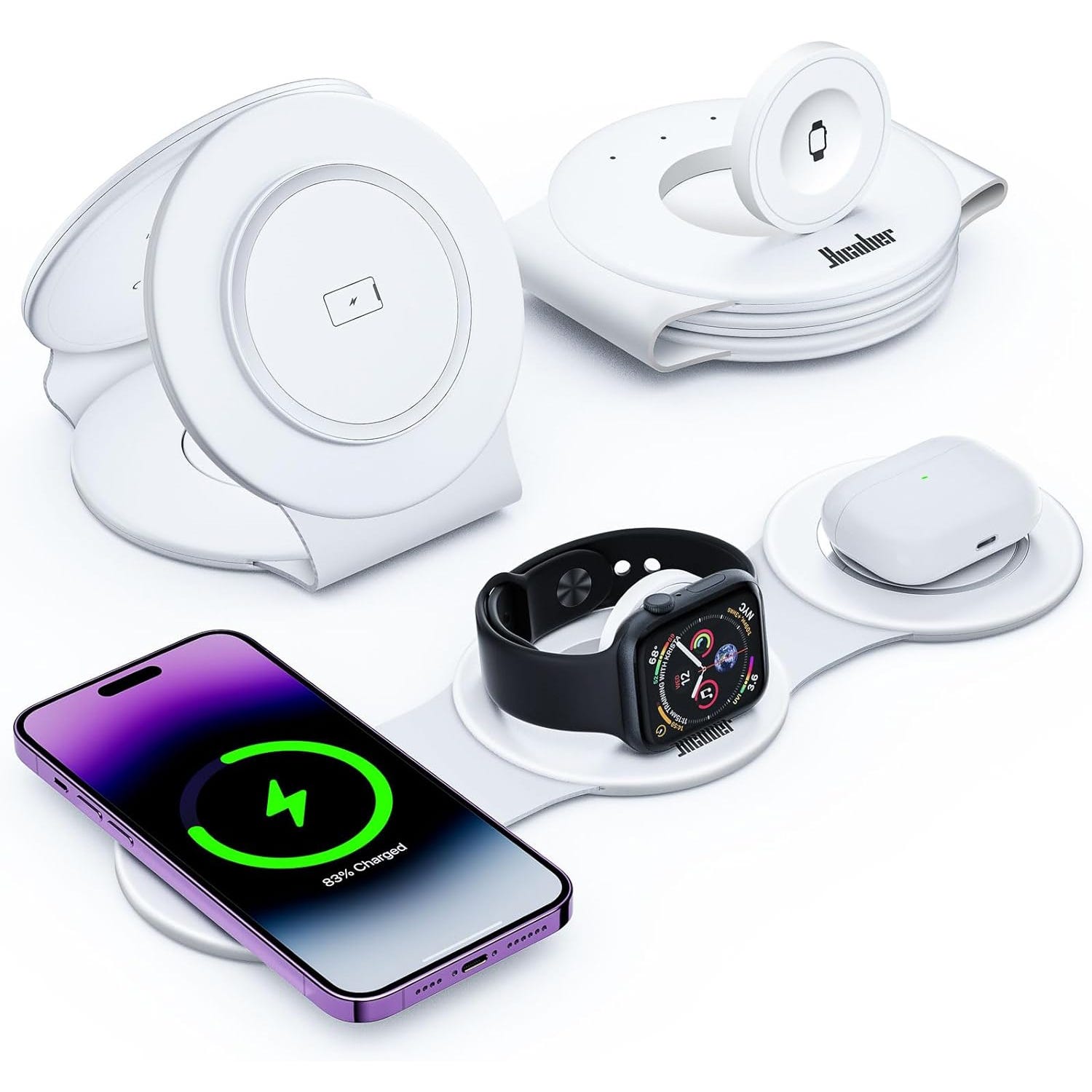 A 3-in-1 wireless charger is shown, capable of charging a smartphone, smartwatch, and earbuds simultaneously. It's compact and foldable, featuring a sleek white design.