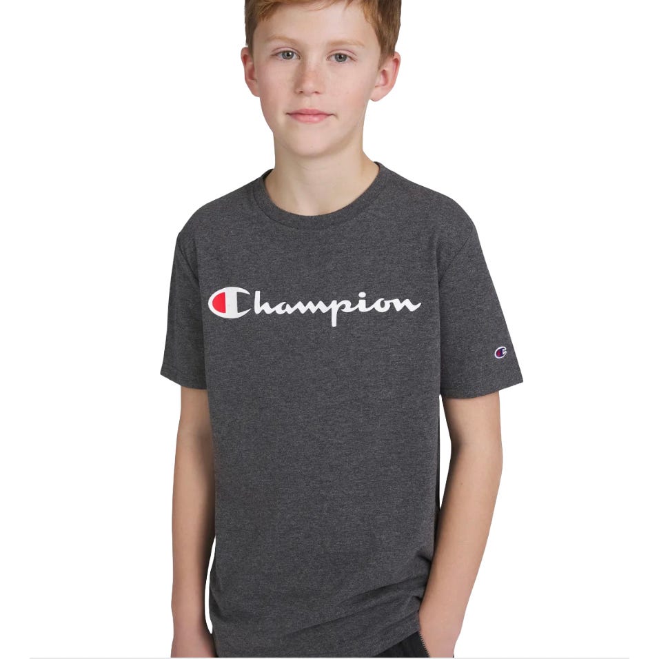 A young person wearing a dark gray \“Champion\“ T-shirt with the logo prominently displayed on the shirt front and left sleeve.
