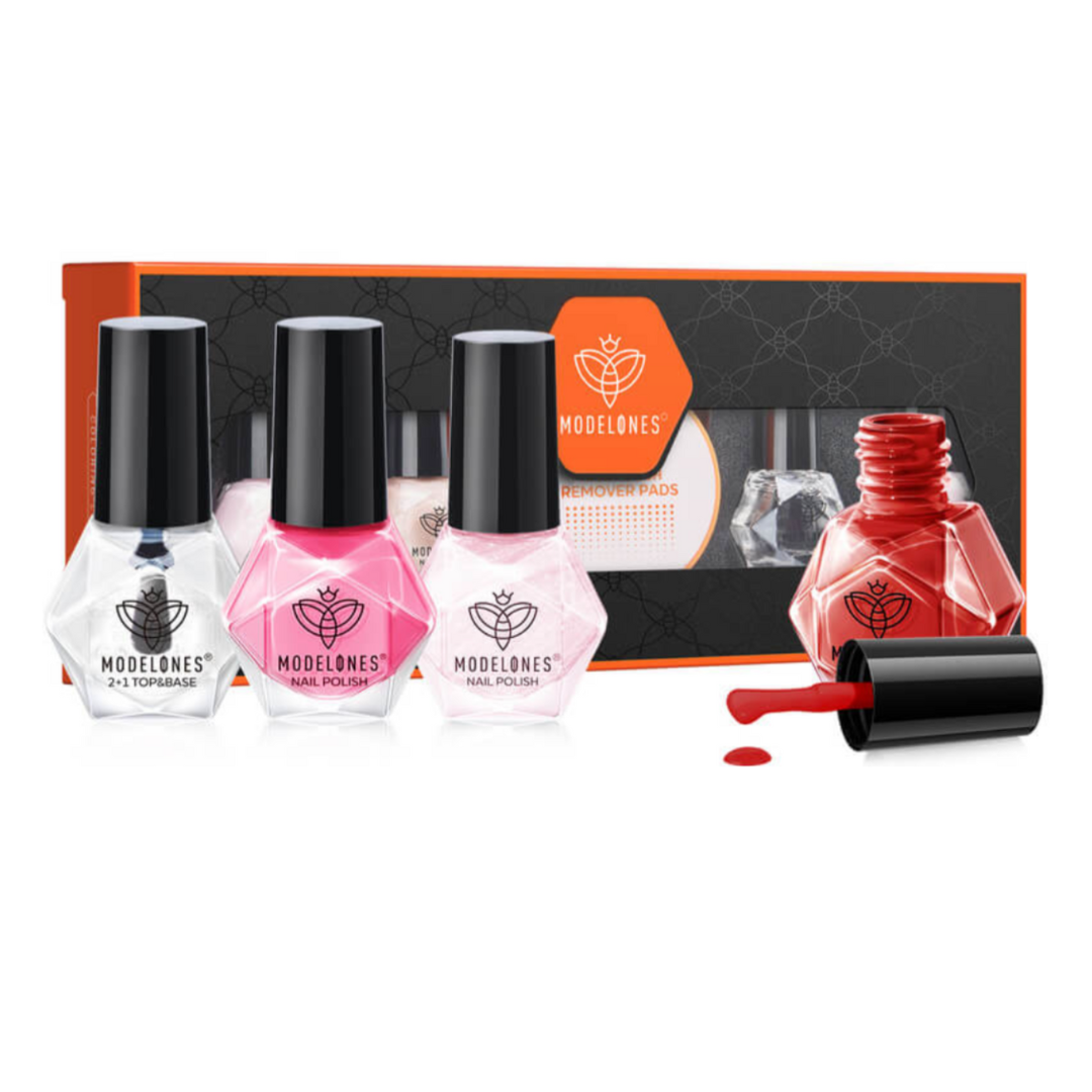 Modelones nail polish set includes a 2-in-1 top and base coat, two pink nail polishes, and a red nail polish with a brush, packaged alongside remover pads in a stylish black and orange box.
