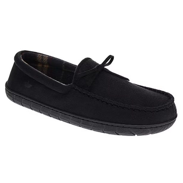Black moccasin-style shoe with a bow and stitched detailing.