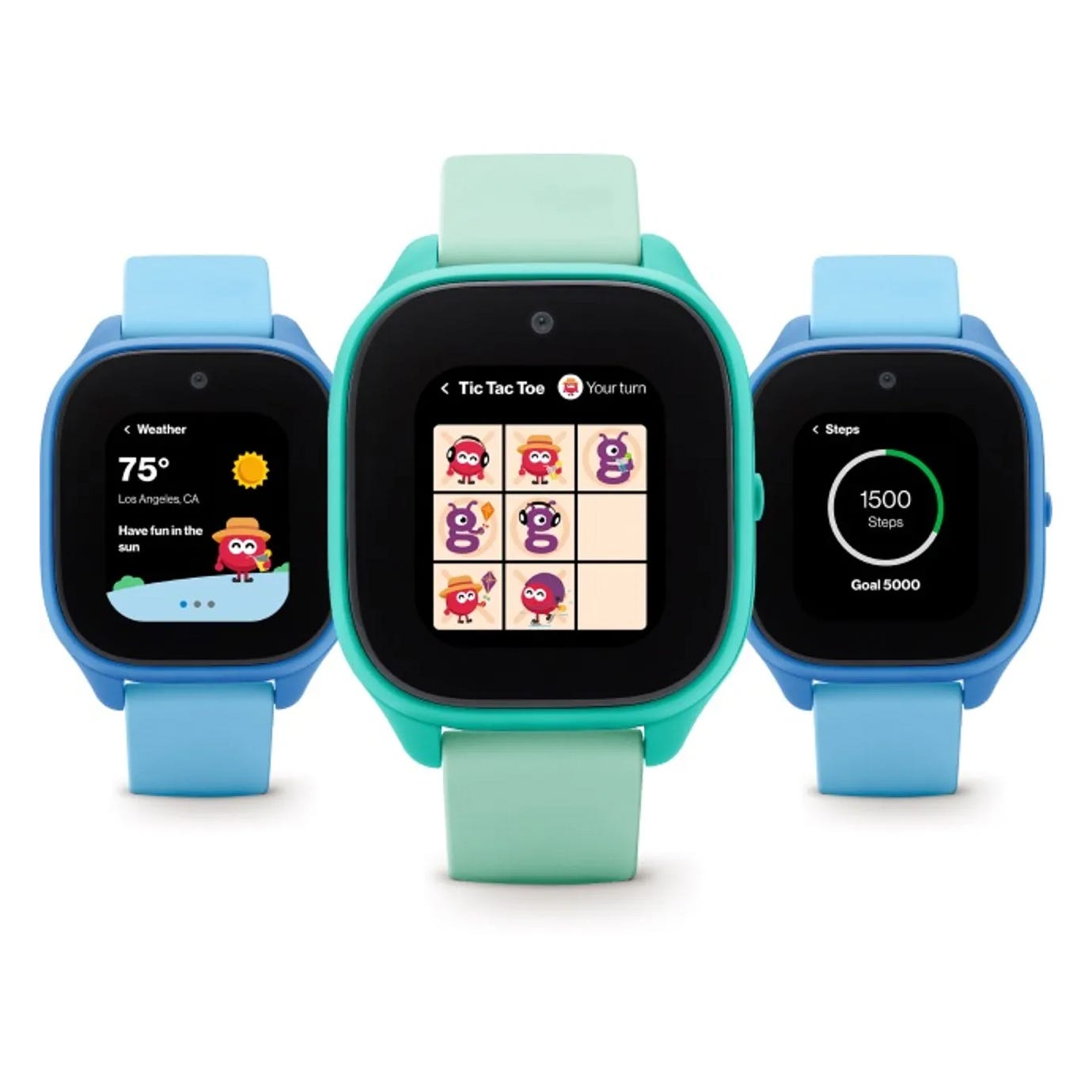 Three smartwatches with different display screens showing weather, a game of tic-tac-toe, and step count.