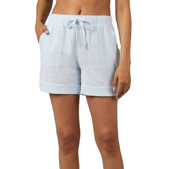 Light blue women's shorts made from soft gauze fabric, featuring an elastic waistband with a drawstring and side pockets.