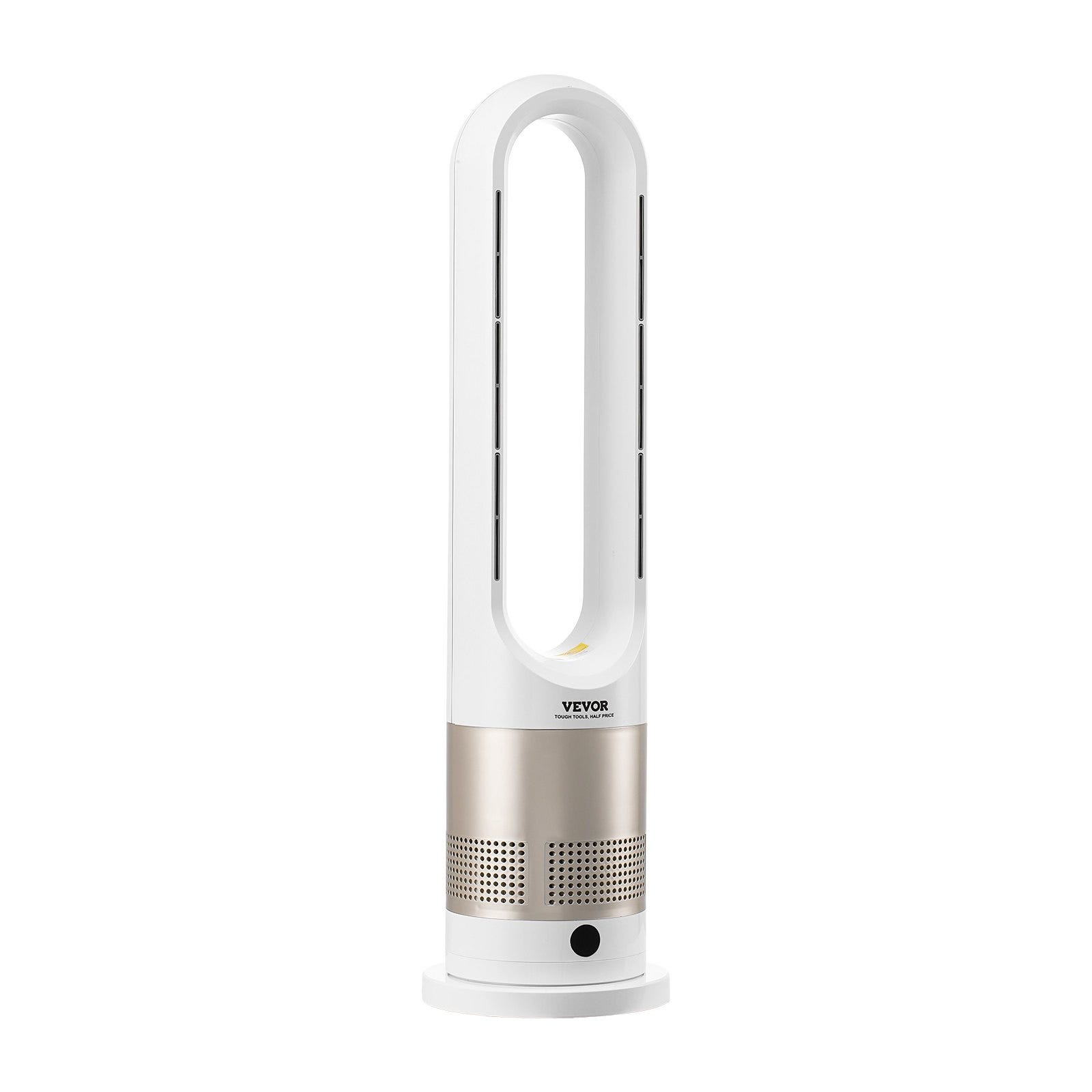 A bladeless tower fan with a modern design, branded \“VEVOR,\“ featuring an oval-shaped airflow loop and a cylindrical base with a metallic finish.