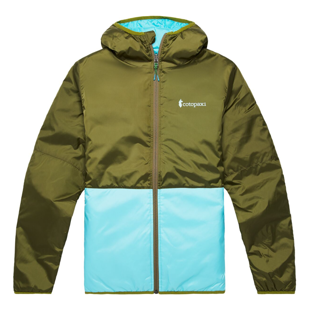 Cotopaxi Teca Calido Jacket is color-blocked with olive green on top and light blue on the bottom, featuring a lightweight, insulating material, a full front zip, and a hood. The Cotopaxi logo is on the chest.