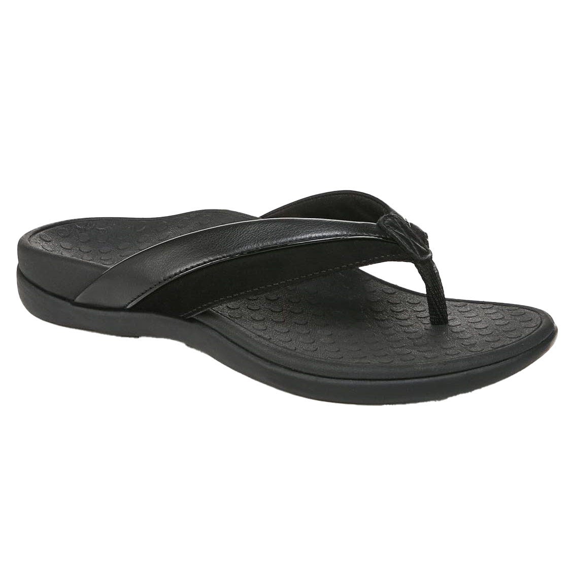 Black Vionic Shore Sandals with a textured footbed, wide leather-like straps, and a thong-style strap design. Features a comfortable sole for casual wear.