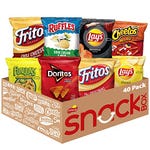 This is a variety pack of Frito-Lay snacks, including bags of Doritos, Cheetos, Fritos, Lay's, Ruffles, and Funyuns. It displays 40 individual packets arranged in a cardboard box.