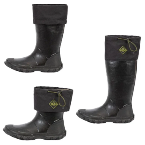 Black rubber boots with foldable textile shafts, displayed in two positions.