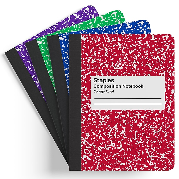 A set of composition notebooks with speckled covers in various colors, labeled 'Staples Composition Notebook, College Ruled'.