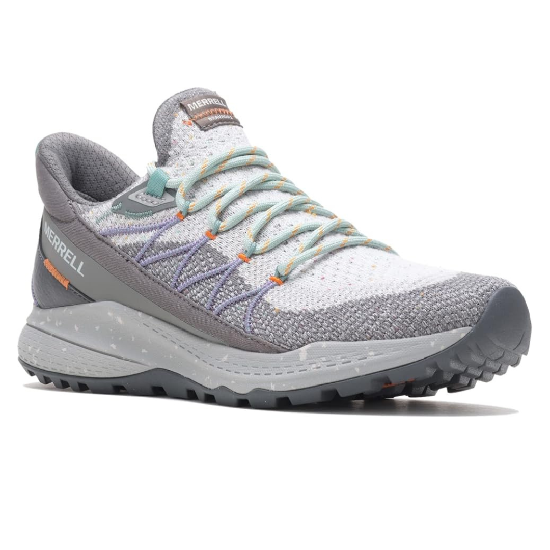 Merrell trail running shoe with a gray and white knit upper, teal and orange accents, and a rugged gray outsole.